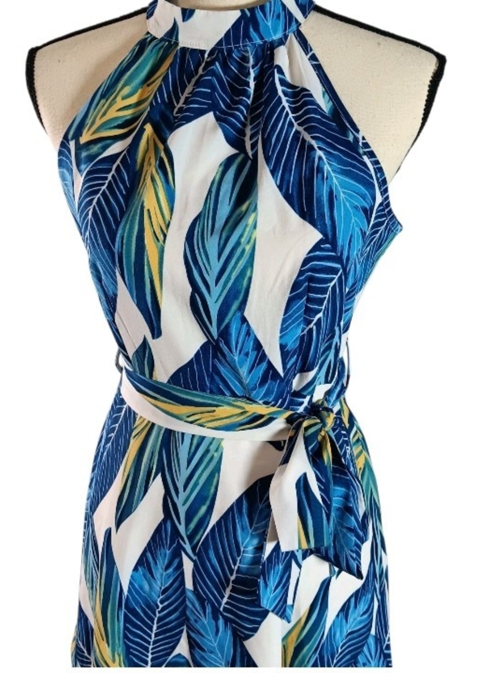 Women's Blue Green Tropical Leaf Print Halter Tie Waist Sundress - Picture 4 of 8
